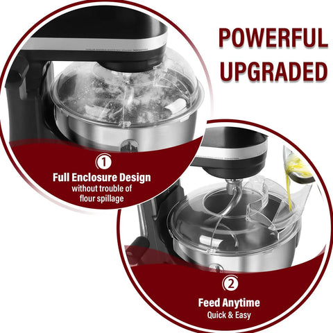 Full Wrap-Around Pouring Shield For Stand Mixers 6-7 Qt, Stainless Steel Splatter Guard in use showing enclosure and feeding