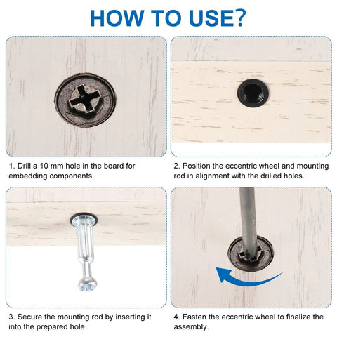 Step-by-step guide showing Heavy Duty 25 Pack Cam Lock Screws For Furniture Assembly Zinc Alloy M6x33mm fittings installation.