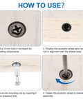 Pro Grade Furniture Connector Kit With Cam Lock Fittings and Cabinet Hardware Set installation steps on wood surfaces.