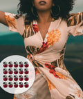 20 Piece Set Of Hidden Clothes Buttons With Resin Cherry Safety Brooch Closures For Shirts Pants And Hats Fashion Collar Pins To Level Up Your Daily Threads And Secure Any Fit Snag Them Up Today displayed with a model in a floral dress.