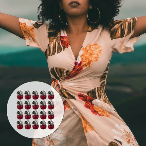 20 Piece Set Of Hidden Clothes Buttons With Resin Cherry Safety Brooch Closures For Shirts Pants And Hats Fashion Collar Pins To Level Up Your Daily Threads And Secure Any Fit Snag Them Up Today displayed with a model in a floral dress.