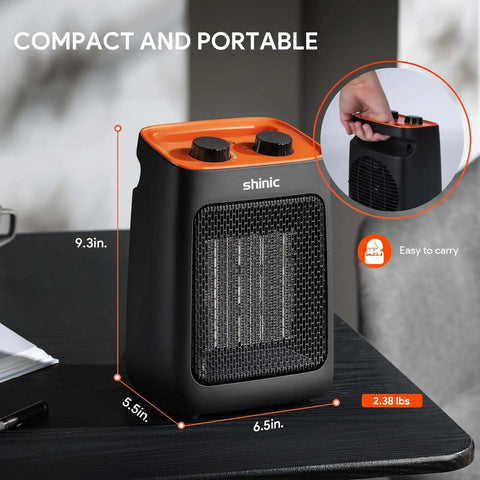 Portable Space Heater With Thermostat, 1500W PTC Ceramic Indoor Heater For Home Or Office, shown in orange on desk