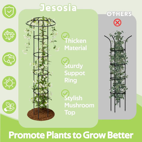 Outdoor Garden Trellis For Climbing Plants With Umbrella Top Round Obelisk 64 Inch Tall Rustproof PE Coated Metal Pipe Ideal Support For Ivy Vines Roses Grapes And Veggies In Garden Or Big Pots depicted with support and mushroom top design.