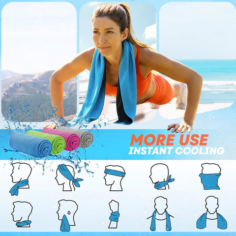 Woman exercising with a blue 4 Pack Cooling Towels 40x12 Inches Instant Chill Microfiber Sweat Towels for Gym Run Yoga Travel Outdoor Adventures
