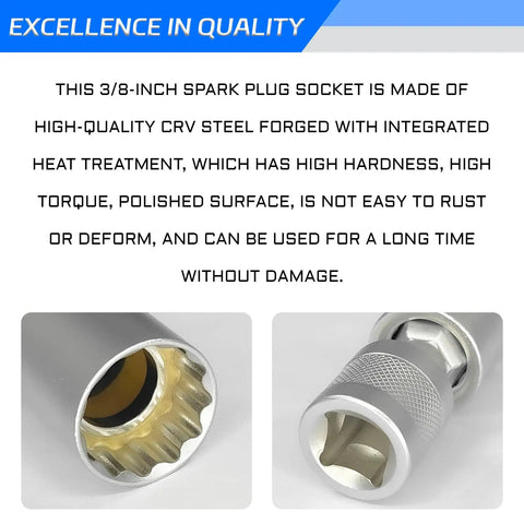 14mm And 16mm Thin Wall Magnetic Swivel Spark Plug Socket Set, Three Eighths Drive, 12 Point, Universal Joint, 360 Degree Rotating, Hella Easy In Tight Engine Bays, Works With BMW Nissan And More. 3/8 CRV steel spark plug socket, polished interior and swivel joint