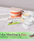 DIY At Home Dental Repair Kit For Missing Or Damaged Teeth With Color Matching Compound displayed with color chart and model teeth.