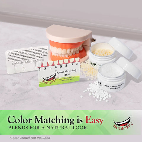 DIY At Home Dental Repair Kit For Missing Or Damaged Teeth With Color Matching Compound displayed with color chart and model teeth.