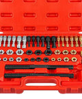 Super Cool 45 Piece Thread Repair Tool Kit That Fixes Stripped Screws Like A Pro, Includes Sturdy Alloy Taps And Dies With Handy Storage Box For Any Auto Or Diy Job, red case open