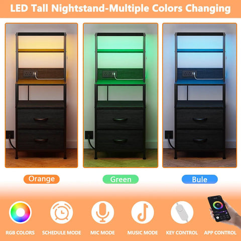 Solid Tall Nightstand With Four Open Shelves And Two Fabric Drawers Ultimate Bedside Station Big Time Bedroom Storage Setup in RGB colors