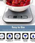 Digital Kitchen Scale For Baking And Weight Loss Grams Ounces For Cooking With Backlit LCD Tare Function Stainless Steel Platform 11Lb Capacity And 1g Increments Ready To Use Includes AAA Battery displaying strawberries in bowl