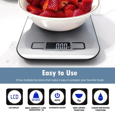 Digital Kitchen Scale For Baking And Weight Loss Grams Ounces For Cooking With Backlit LCD Tare Function Stainless Steel Platform 11Lb Capacity And 1g Increments Ready To Use Includes AAA Battery displaying strawberries in bowl