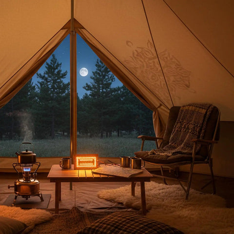 Cozy tent interior with view of full moon through open flaps, featuring kettle on fire and seating area with blankets and pillows.