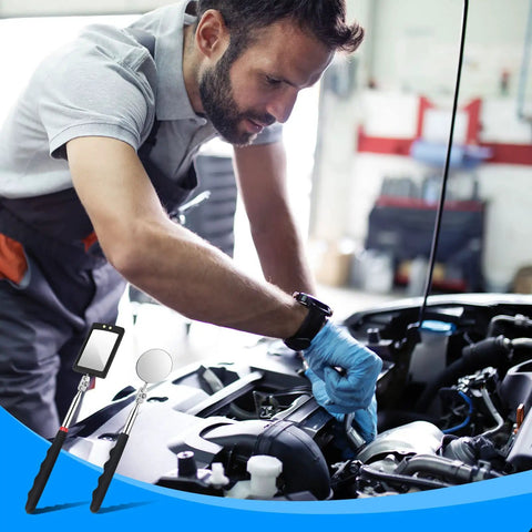 Mechanic using Two Pack Telescoping Inspection Mirror With LED Light Round And Square Heads Handy Tool for auto repair