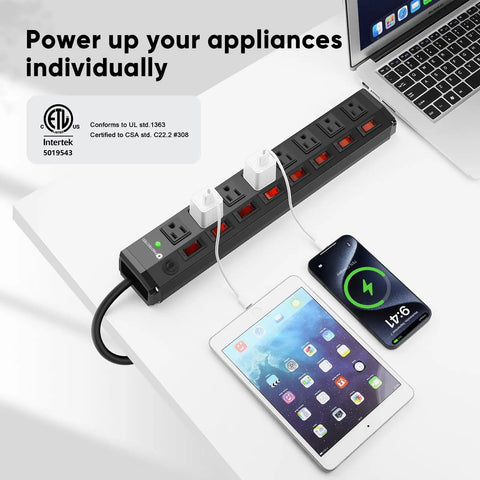 Heavy Duty 8 Outlet Power Strip With Individual Switches, 1200 Joules Surge Protection, 6 Foot Cord, Black, Wide Spaced Plugs, Dope for Home Office, Entertainment Setup, and Multi Device Charging on desk with laptop, tablet, and phone