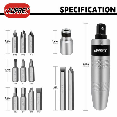 Manual Impact Driver Set One Half Inch Reversible Hand Impact Tool With Twelve CR-V Bits for fasteners and bolts specifications