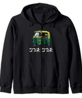 Men And Women Classic Fit Zip Hoodie With Fresh Tuk Tuk Rickshaw Artwork For East Asian City Riders And Tuk Drivers Daily Chill Streetwear Essential, black color, front view, zipper closure, vibrant tuk tuk graphic.