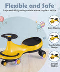 The Totally Hassle Free Wiggle Car For Toddlers With Super Slick Flashing LED Wheels and A Nifty Two In One Swing Design That Twists And Turns Without Batteries Or Pedals, yellow frame, large seat, designed for comfort.