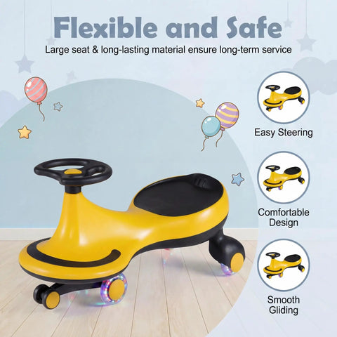The Totally Hassle Free Wiggle Car For Toddlers With Super Slick Flashing LED Wheels and A Nifty Two In One Swing Design That Twists And Turns Without Batteries Or Pedals, yellow frame, large seat, designed for comfort.