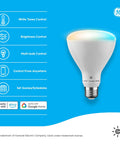 Cync Smart LED Bulbs Tunable White Bluetooth and WiFi with control features and compatibility icons, BR30 Indoor Floodlights, 2 Pack.