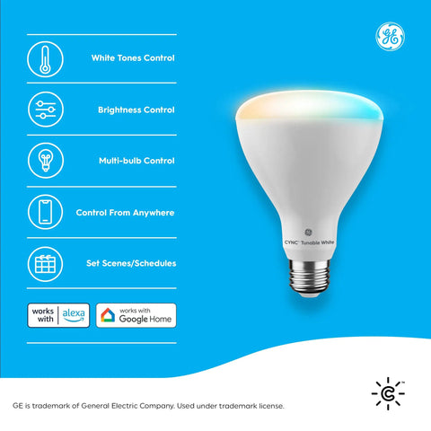 Cync Smart LED Bulbs Tunable White Bluetooth and WiFi with control features and compatibility icons, BR30 Indoor Floodlights, 2 Pack.