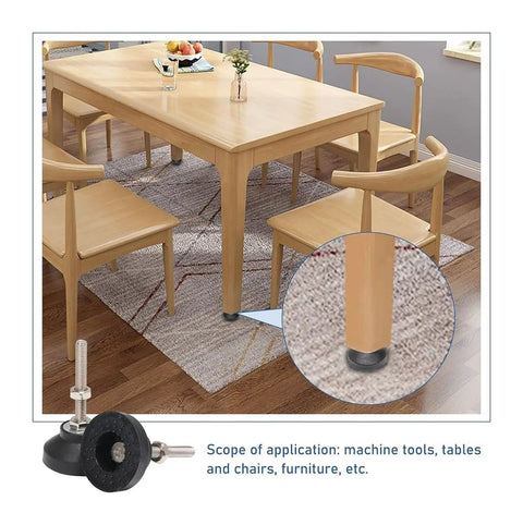 Heavy Duty Adjustable Leveling Feet For Furniture And Machinery Rust Proof Nylon Steel Glide Pads with Swivel Ball Base under a dining table.