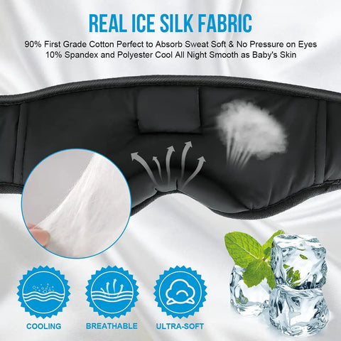 Close-up of wireless sleep headphones with sleep mask headband showing real ice silk fabric, highlighting cooling and comfort features.