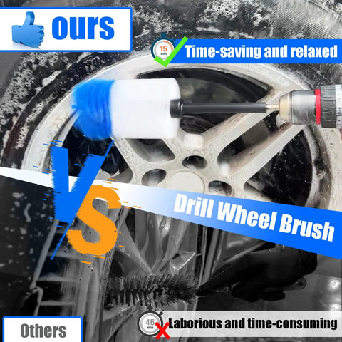 Car Wheel Cleaning Kit With Soft Drill Wheel Cleaner Brush and Detailing Pads for Wheels Tires Rims Engines and Exhaust No Scratches Nylon Bristles Safe On Alloy Chrome Painted Finishes 6 Pack Blue And White showing drill brush in action