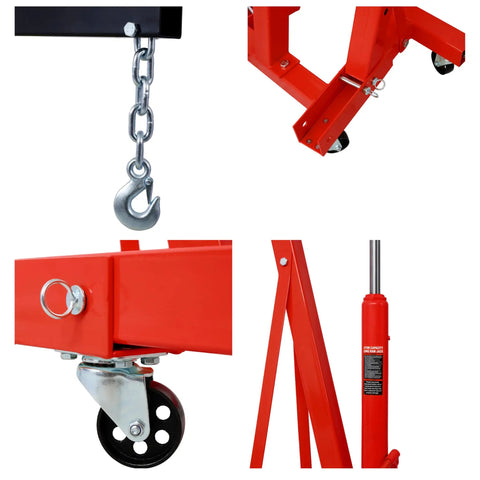 Heavy Duty Engine Hoist And Cherry Picker Lift Rated Solid Two Ton Four Thousand Pound Pull with swivel casters and hook details.