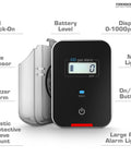 Front view of Fleet-Ready Carbon Monoxide Detector for Cars Planes Buses and Trucks with display and control buttons