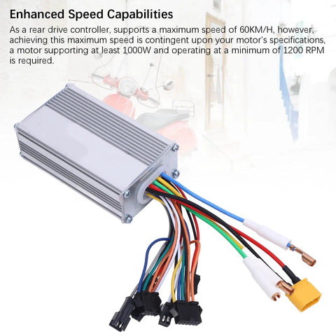 48V 25A 1200W Brushless Motor Speed Controller For Electric Bicycles Scooters ATVs Go Karts Tricycles And Mopeds Delivers Precise Power Management For Smoother Rides On Urban Streets Trails And Off Road Adventures. Silver aluminum controller with wiring harness