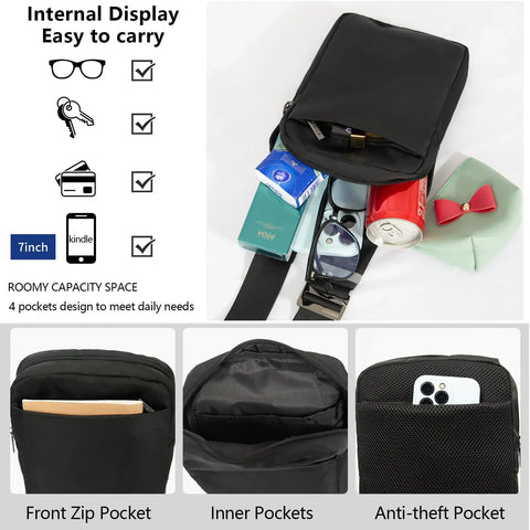 Sling Bag With RFID Blocking, Ultra Lightweight Travel Chest Pack displaying open compartments and packed essentials.