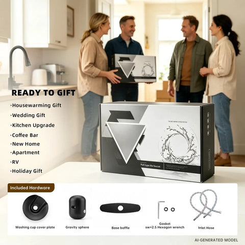 Commercial Grade Kitchen Workstation Faucet with with Glass Rinser & LED packaging displayed in modern kitchen with happy couples.
