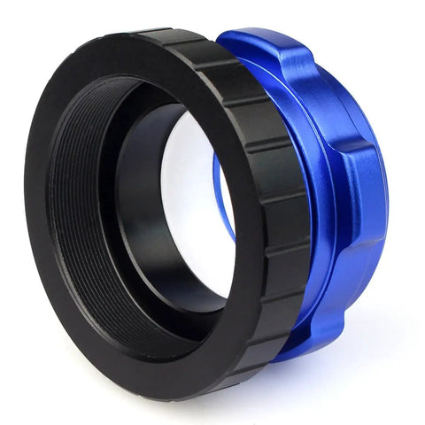 Hybrid 1.25 Inch Telescope Eyepiece Adapter with PETF Inner Ring and Coaxial Lock in blue and black, M42 compatible.