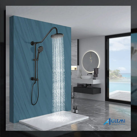 Retrofit Shower System With 8 Inch Rain Shower Head And 6 Function Handheld Sprayer in matte black, curved shower arm for modern bath setup.