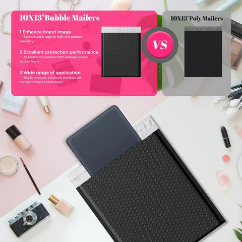 10x13 Inch Black Bubble Mailers 40 Pack Waterproof Padded Envelopes Self Seal Cushioning For Shipping with comparison inset