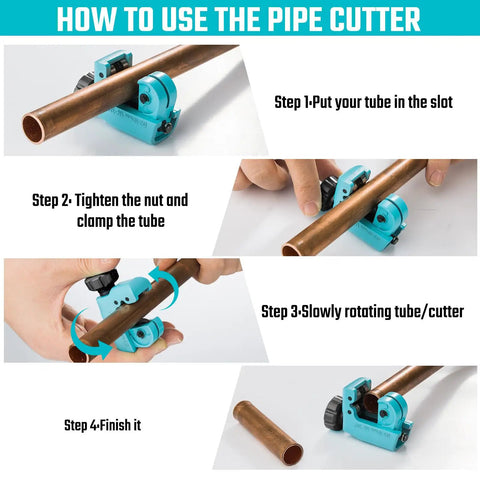 Mini Tubing Cutter For 1/8 To 3/4 Inch Tubing, Cuts Copper Aluminum Brass And Plastic With Replacement Wheel, Ultra Compact One-Hand Use in step-by-step usage guide
