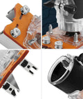 Rock Solid Wood Trim Router Base For 65mm Palm Tools Dead Nuts Precision Anti Wobble Plate view showing clear plastic and orange base details.