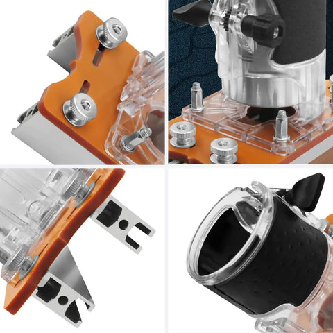Rock Solid Wood Trim Router Base For 65mm Palm Tools Dead Nuts Precision Anti Wobble Plate view showing clear plastic and orange base details.