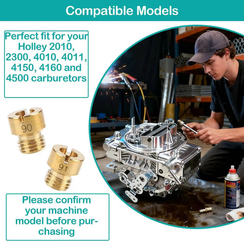 Mechanic tuning carburetor with Holley Main Jet Assortment Kit 72 Brass Carburetor Jets Size 64 To 99, showcasing jets and carburetor.