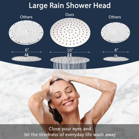Person enjoying 10 Inch Rain Shower Head With Handheld System, showing 10 inch, 6 inch, and 4 inch rainfall heads comparison.