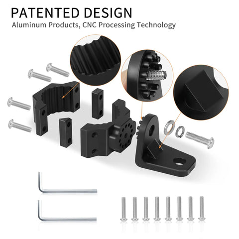 Heavy Duty UTV Flag And Light Bar Mount Bracket With Smooth 360 Rotation For 1.75 To 2 Inch Roll Bars, detailed assembly parts and tools.
