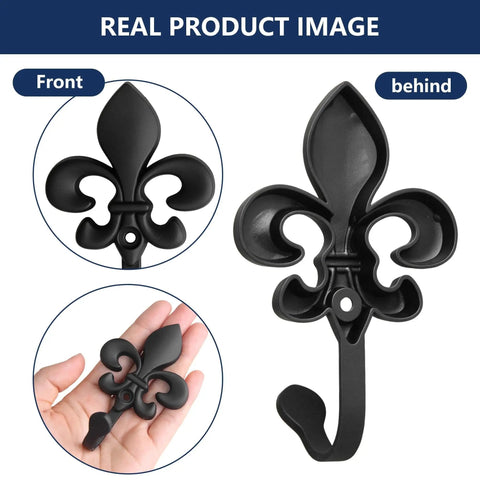 Top Shelf 2 Pack Black Wall Hooks for Kitchen and Bathroom, Vintage Farmhouse Decor, heavy duty hooks shown from front and back.