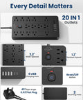 Heavy Duty 6 Ft Extension Cord Surge Protector Power Strip With 14 AC Outlets And 6 USB Ports Straight Up Solid Powerhouse close-up view.