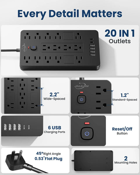 Heavy Duty 6 Ft Extension Cord Surge Protector Power Strip With 14 AC Outlets And 6 USB Ports Straight Up Solid Powerhouse close-up view.