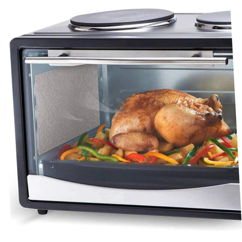 Must Have Microwave Mica Plate Heat Resistant Insulation Sheet in oven with roasted chicken, shown with waveguide cover for safe cooking.