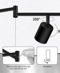 Adjustable head detail of Eight Light Matte Black LED Track Lighting System for Kitchen and Hallway showing rotation angles and hex tool use.