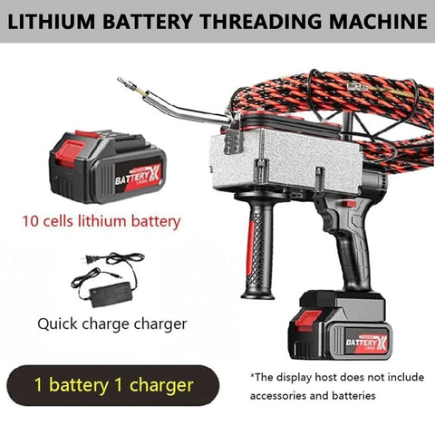 Professional Cordless Fish Tape For Electricians With 21V Brushless Motor And Powerful Battery Life Up To 4 Hours Using The 100Ft Lead Line to operate a threading machine.