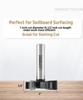 Three Piece CNC Spoilboard Surfacing Router Bit Set, Half Inch Shank, Two Inch Cutting Diameter, displayed on wooden surface