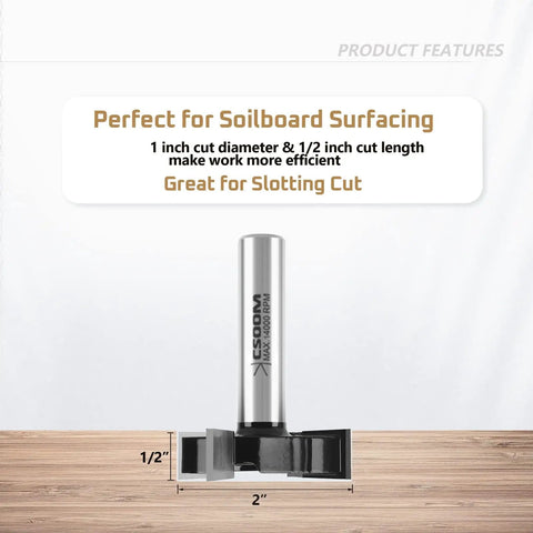 Three Piece CNC Spoilboard Surfacing Router Bit Set, Half Inch Shank, Two Inch Cutting Diameter, displayed on wooden surface