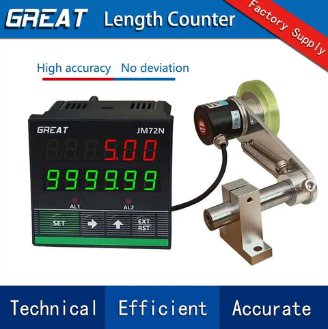 Rock Solid Digital Length Counter With Sturdy Measurement Wheel And Hella Precise Red Display showing 5.00 feet on a JM72N setup.